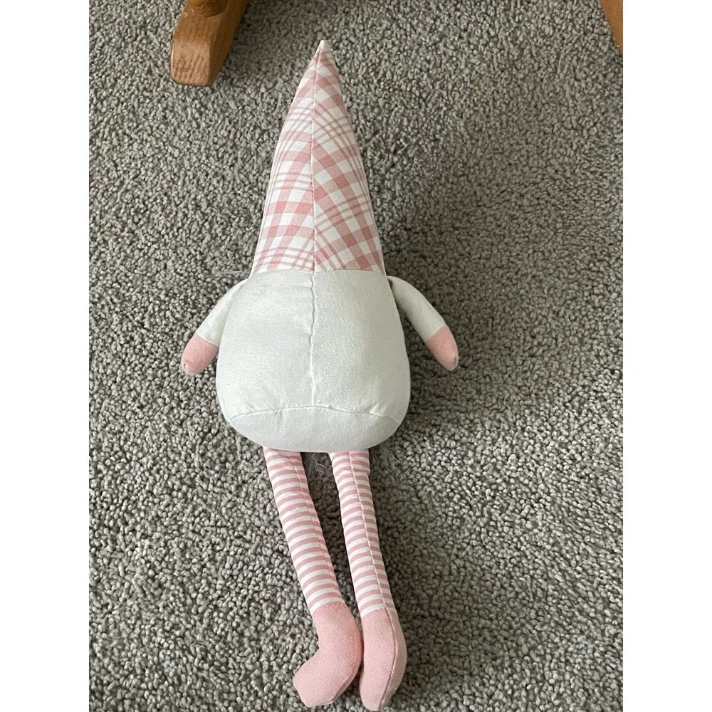 Pink Spring Gnome Shelf Sitter‎ Weighted Table Decor Plaid